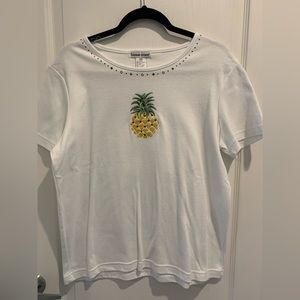 Bonnie Evans Medium Pineapple Embroidered Tshirt White Summer Vacation Casual